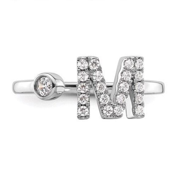14K White Gold Lab Grown Diamond SI1/SI2, G H I, Initial M Adjustable Ring - Picture 4 of 6